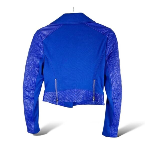 Catherine Malandrino Yellow Label Blue Lambskin & Rayon Cropped Moto Jacket Sz 2 - Picture 2 of 8